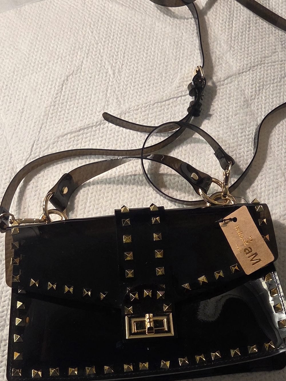 Black Patent Satchel with Gold Pyramid Studs